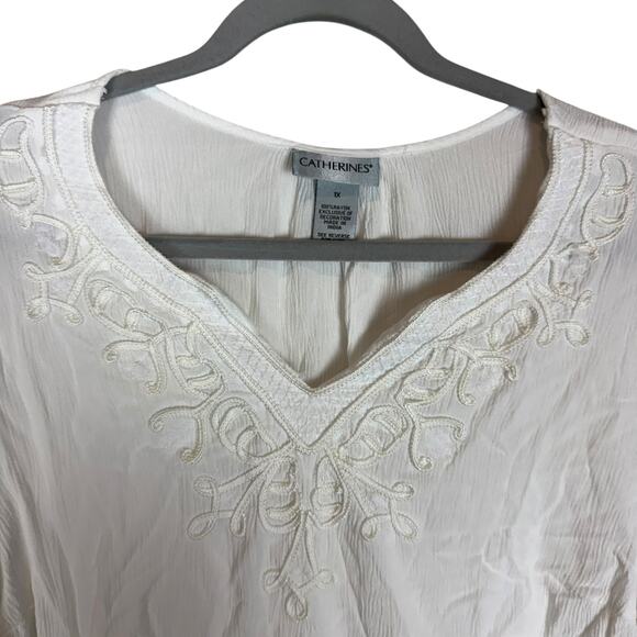 Catherines Blouse Womens 1X White Rayan Embroidered 3/4 Sleeve V-Neck Pullover - Picture 4 of 11